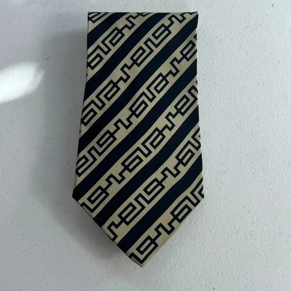 Giorgio Armani Necktie Men's Cravatte 100% Pure Silk Tan & Black Greek Key